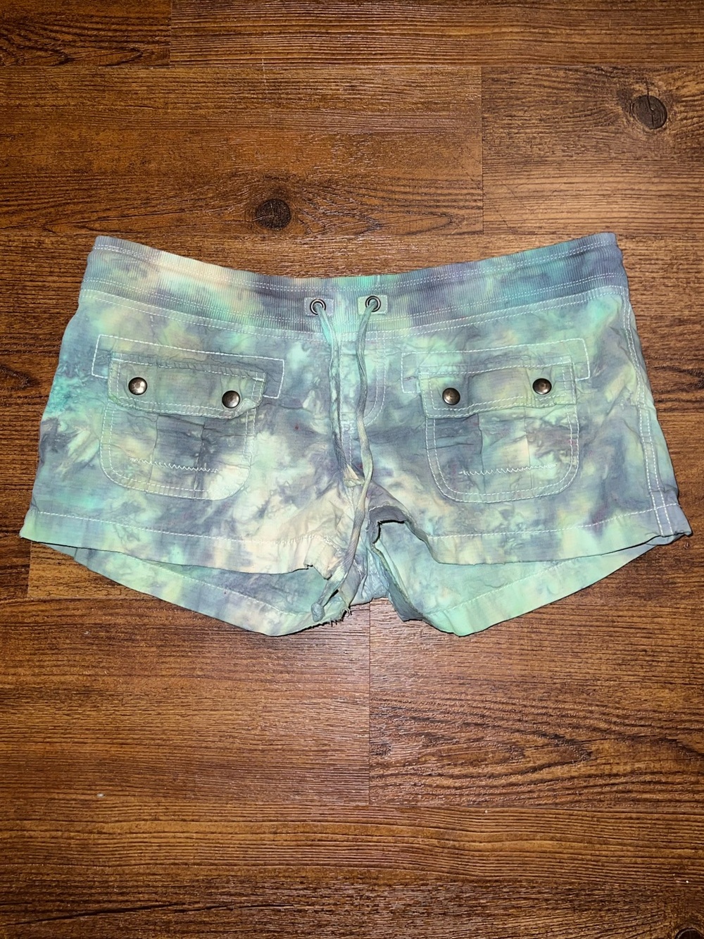 Custom Tie-Dye Low Rise Utility Shorts Camo Cargo Drawstring Pockets Y2K Size M